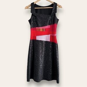 Myco Anna Patchwork Dress Square Neck Fit and Flare Black and Red Size Small